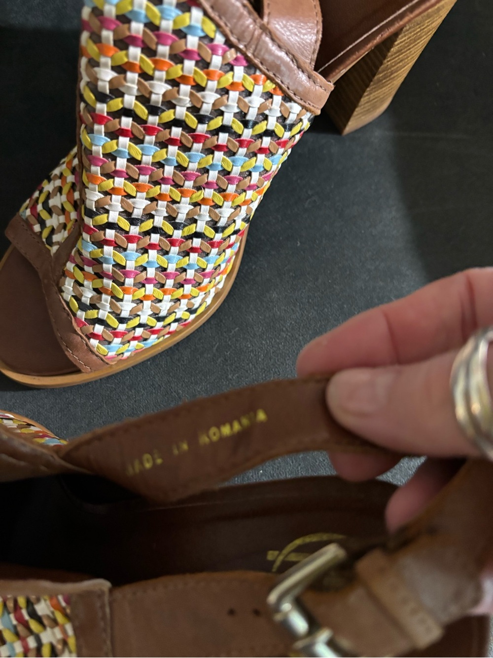 Crown Vintage Brown Multicolor Stacked Chunky Heel Sandals - Picture 3 of 7